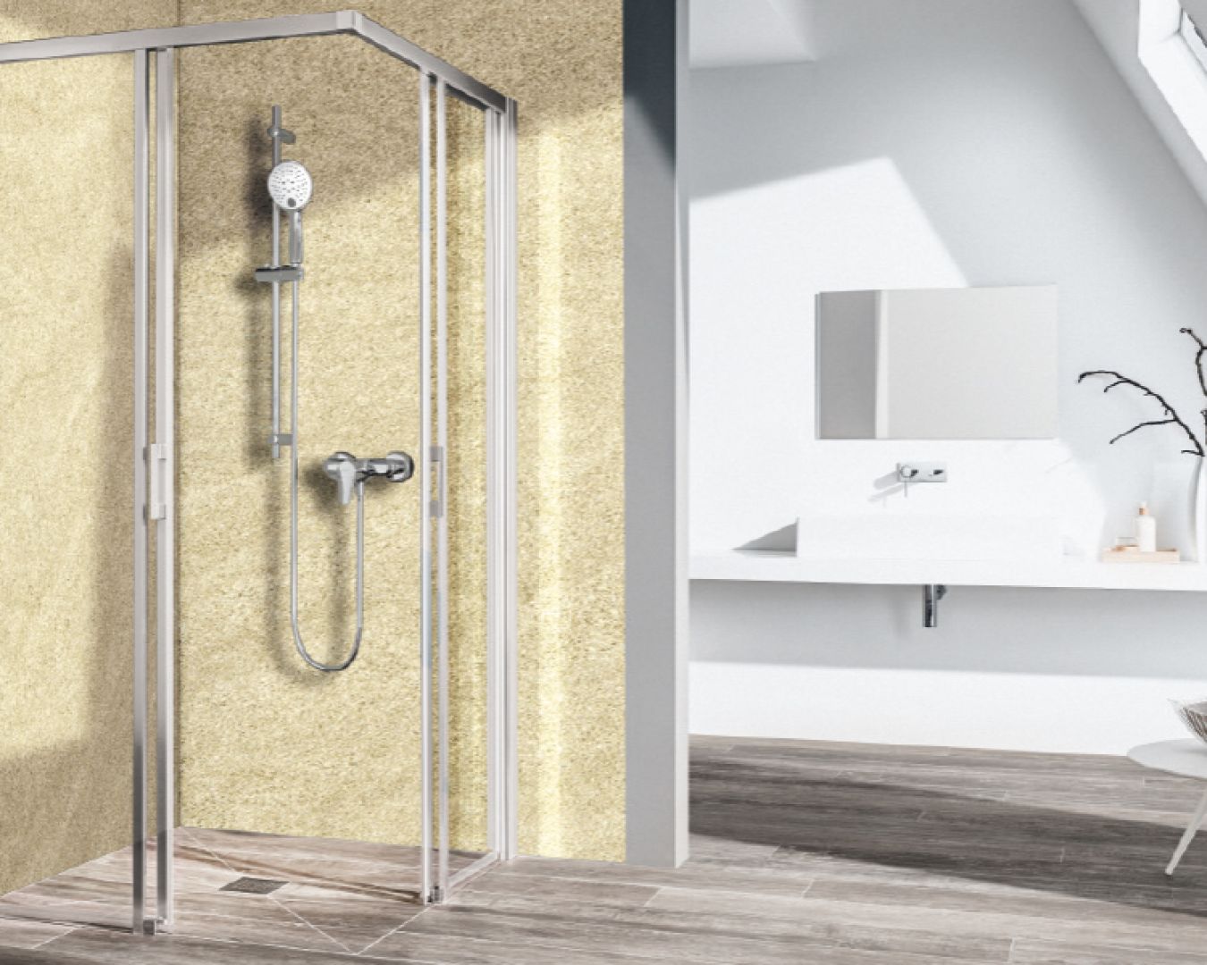 Moderne Dusche mit Klarglaswänden in Bad mit Dachschräge und Holzoptik-Boden

