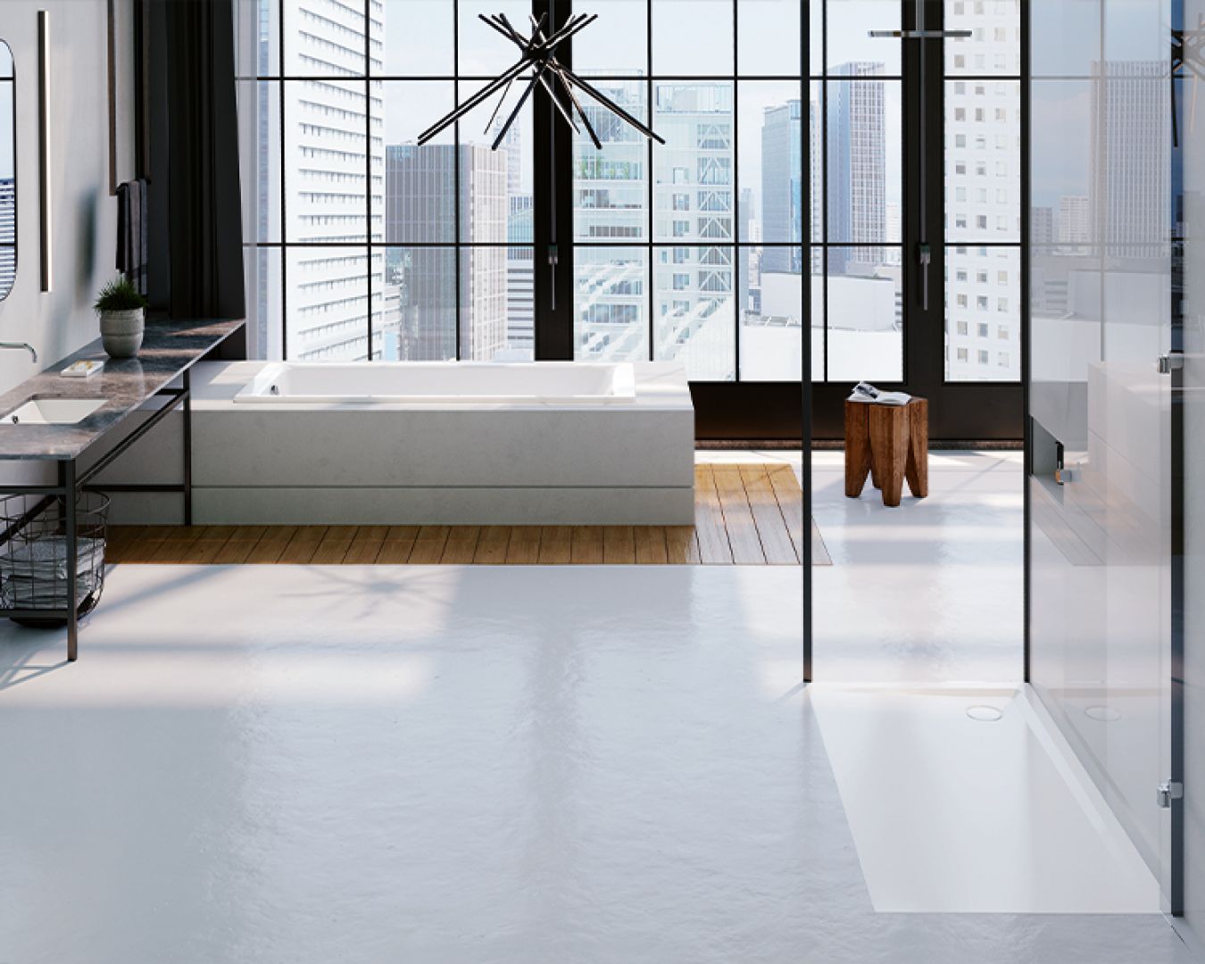 Designbad mit Wanne und Dusche in Hochhaus mit Stadtblick