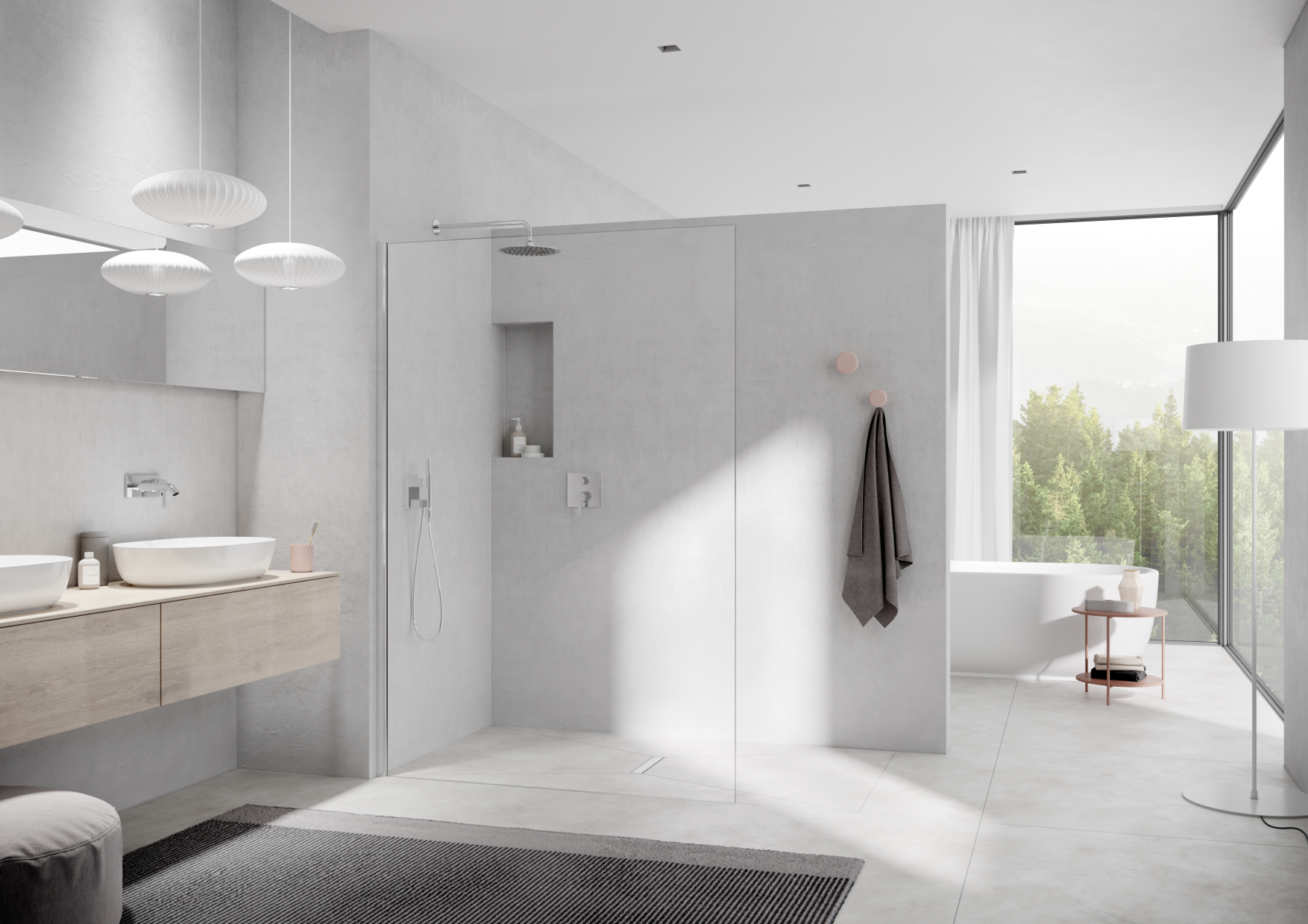 Modernes Bad mit Glasdusche, freistehender Badewanne und Naturblick