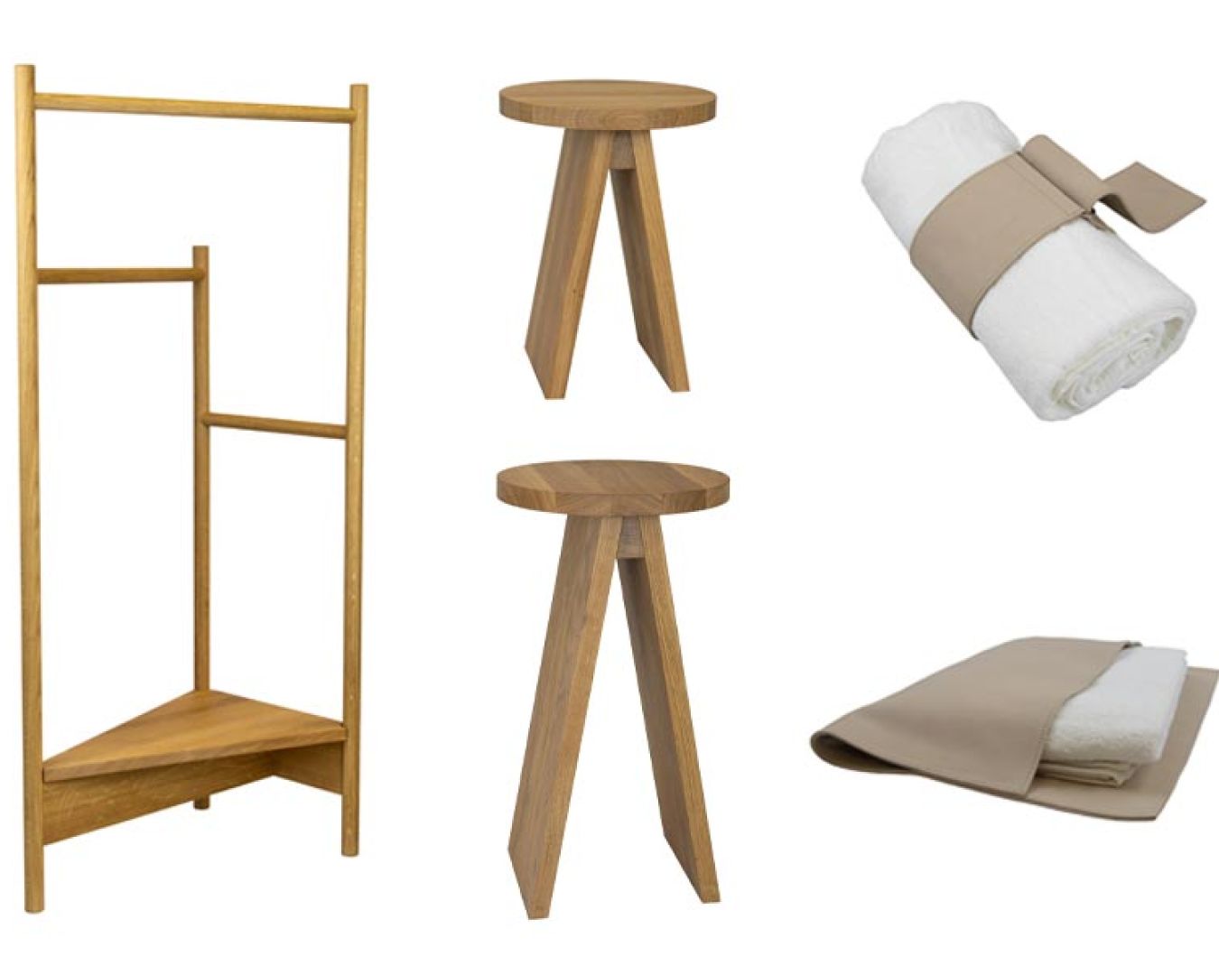 Holzmöbel-Set mit Hocker, Handtuchhalter und Bad-Accessoires