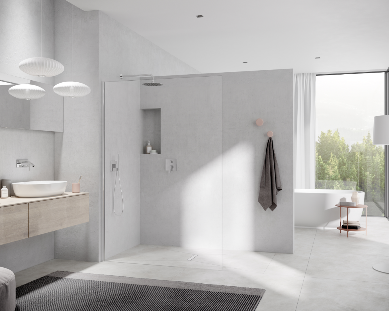 Modernes Bad mit Glasdusche, freistehender Badewanne und Naturblick