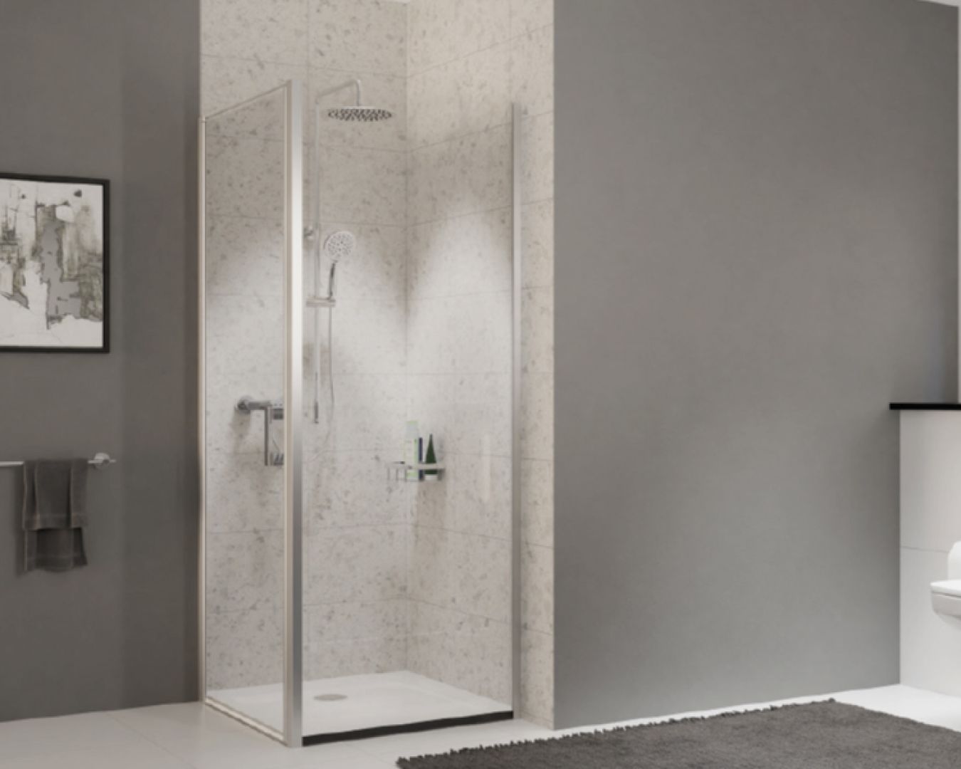 Eckdusche mit Glaswand und moderner Armatur vor grauer Fliesenwand

