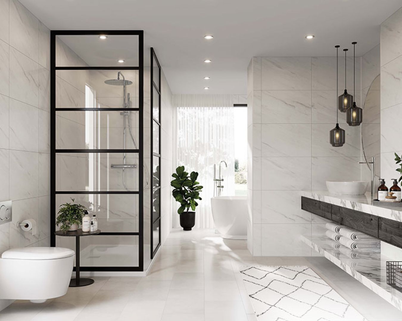 Modernes Bad mit Glasdusche, Hänge-WC und Waschbecken mit Hängelampen