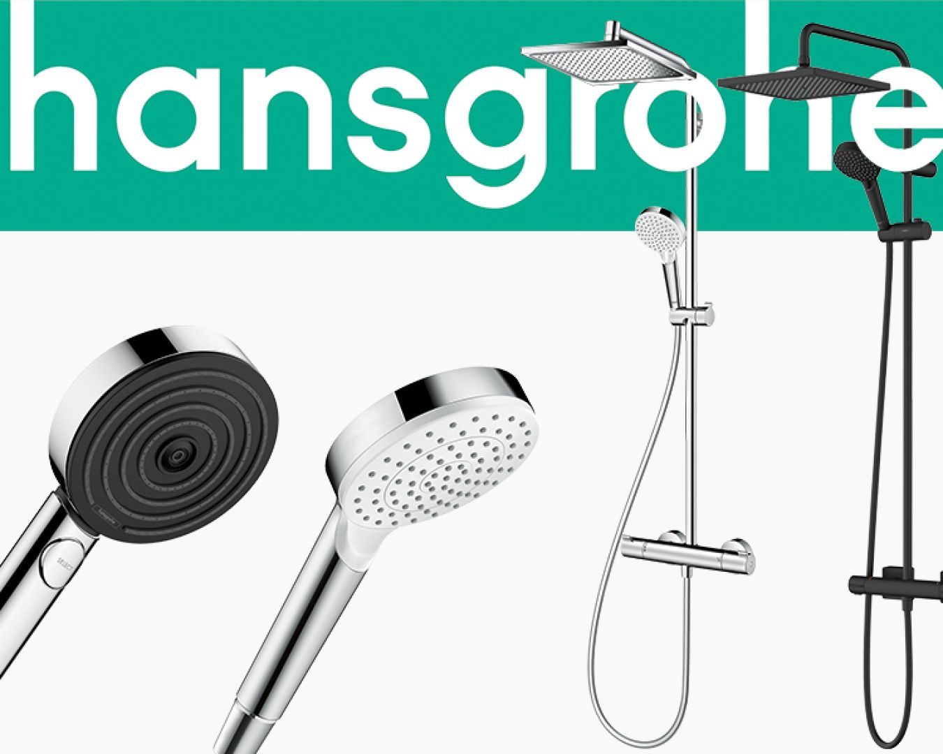 Hansgrohe Duschsysteme und Handbrausen in Schwarz und Chrom.