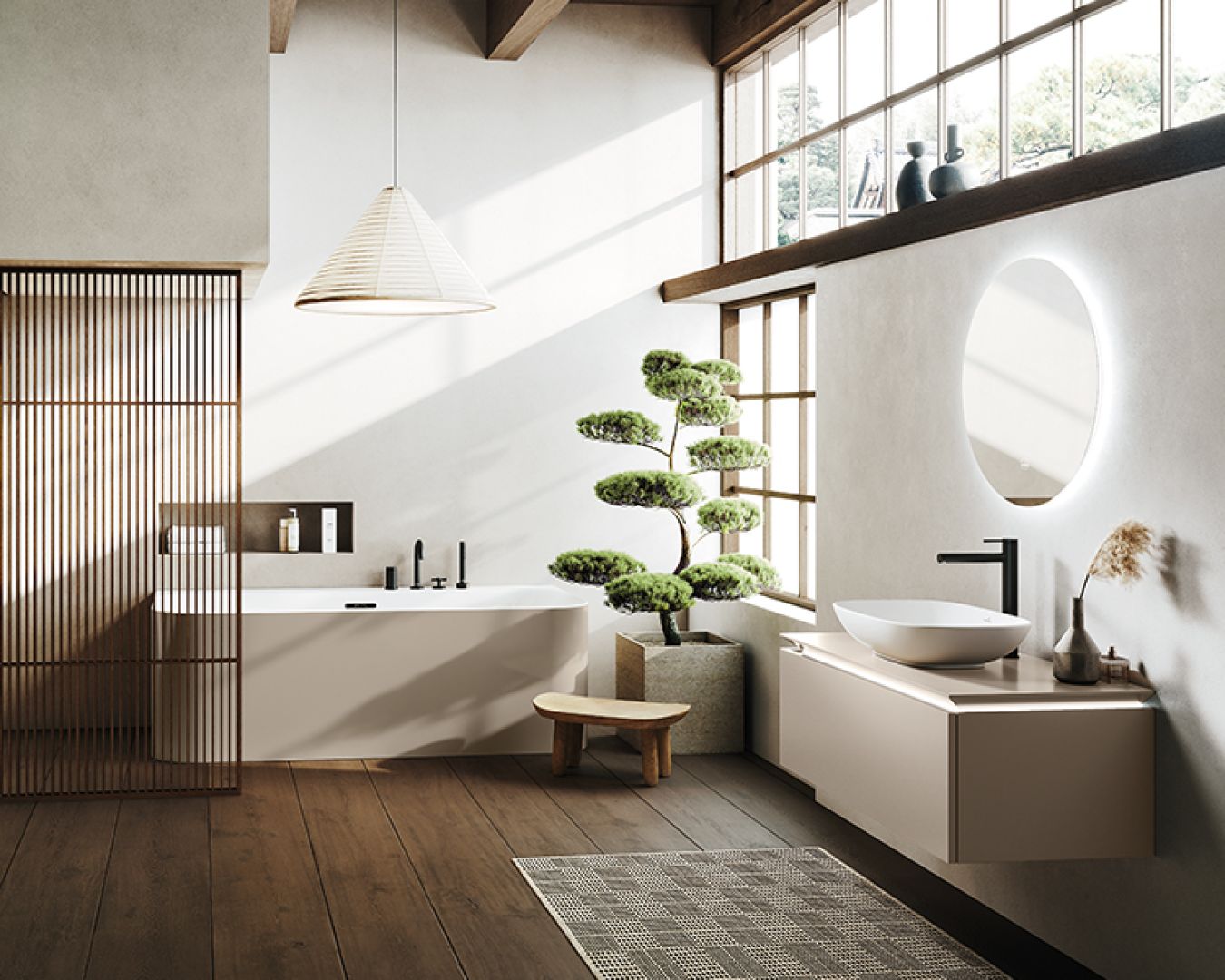Japanisch inspiriertes Bad mit freistehender Wanne, Waschtisch und Bonsai