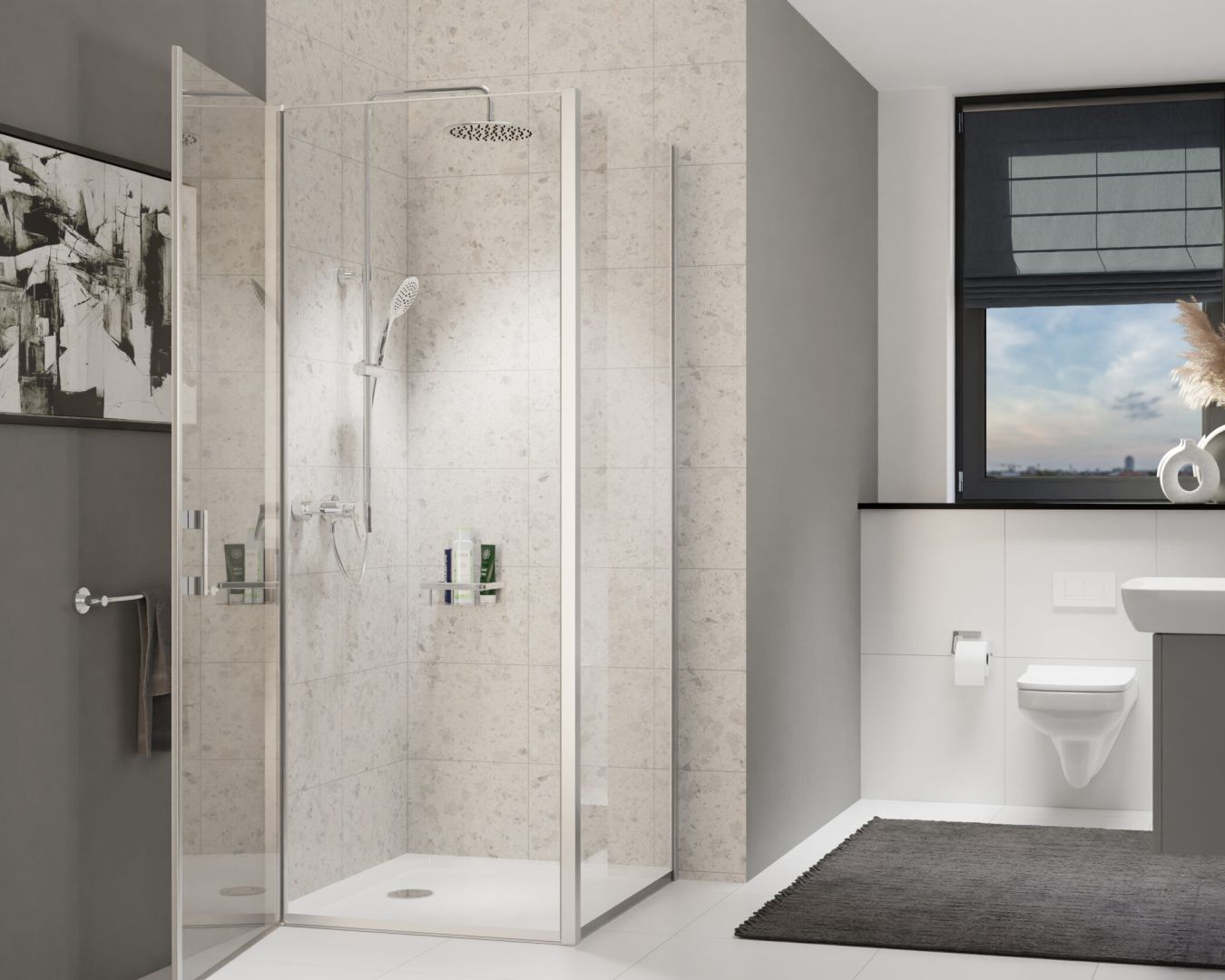 Modernes Bad mit Glasdusche, Wand-WC und Fenster mit Sichtschutz