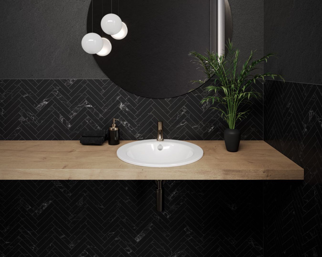 Waschplatz mit schwarzer Wand, Holzplatte und weißem Einbauwaschbecken.