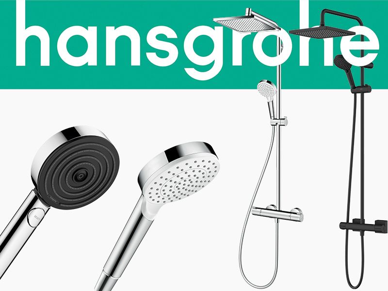Hansgrohe Duschsysteme und Handbrausen in Schwarz und Chrom.