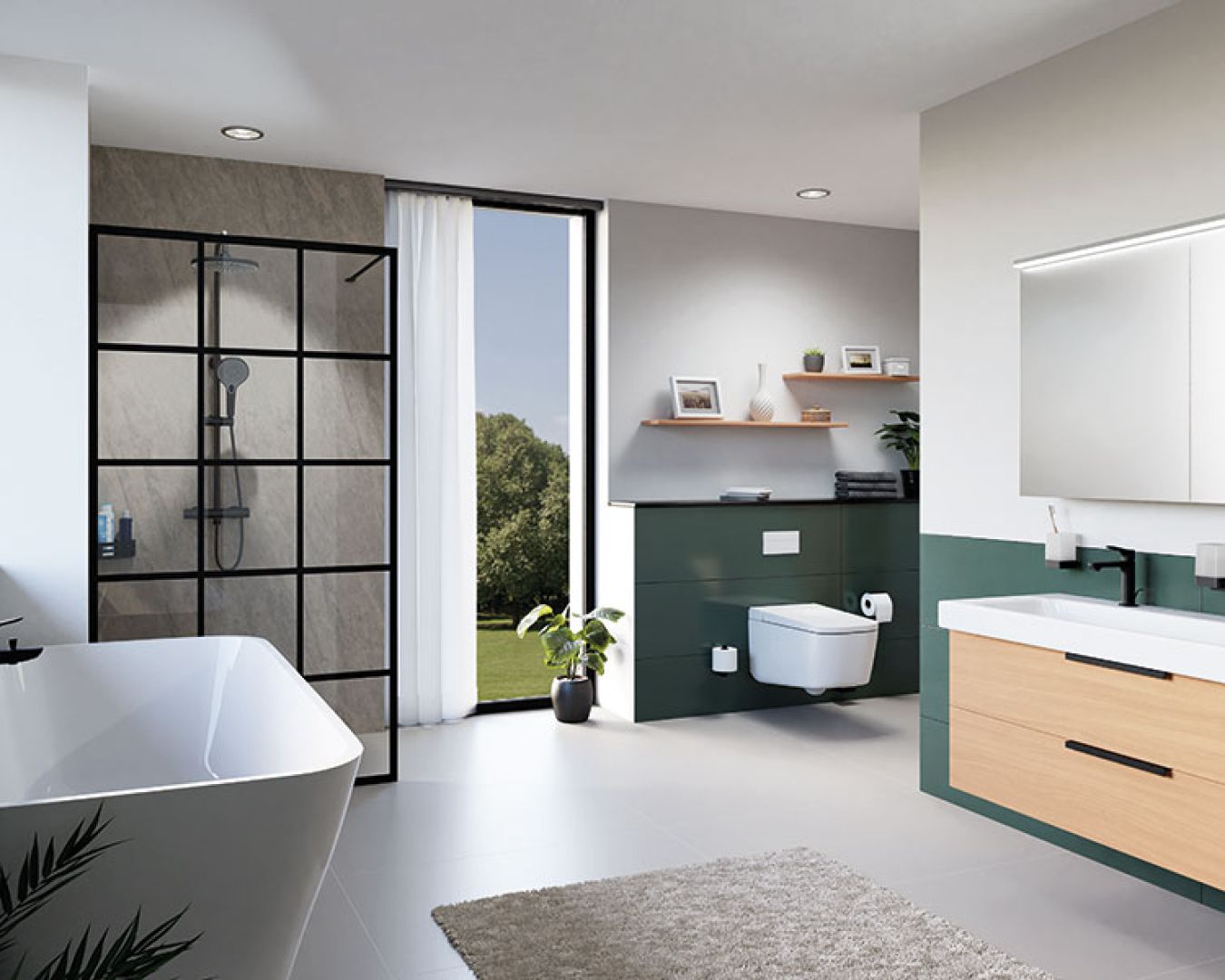 Helles Bad mit Glasdusche, freistehender Wanne und Holz-Waschtisch