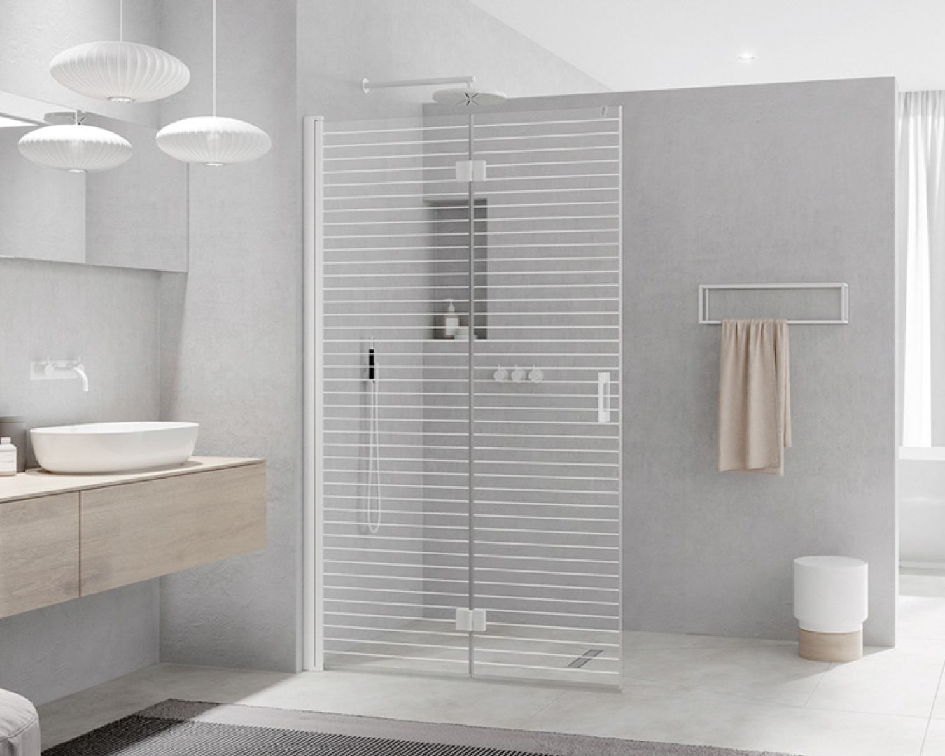 KERMI Modernes Bad mit strukturierter Glasduschwand
