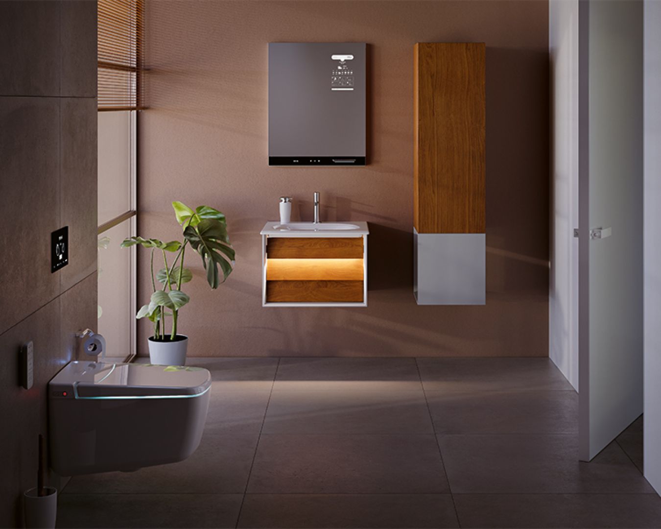 Modernes Badezimmer mit beleuchtetem Dusch-WC und Waschtisch

