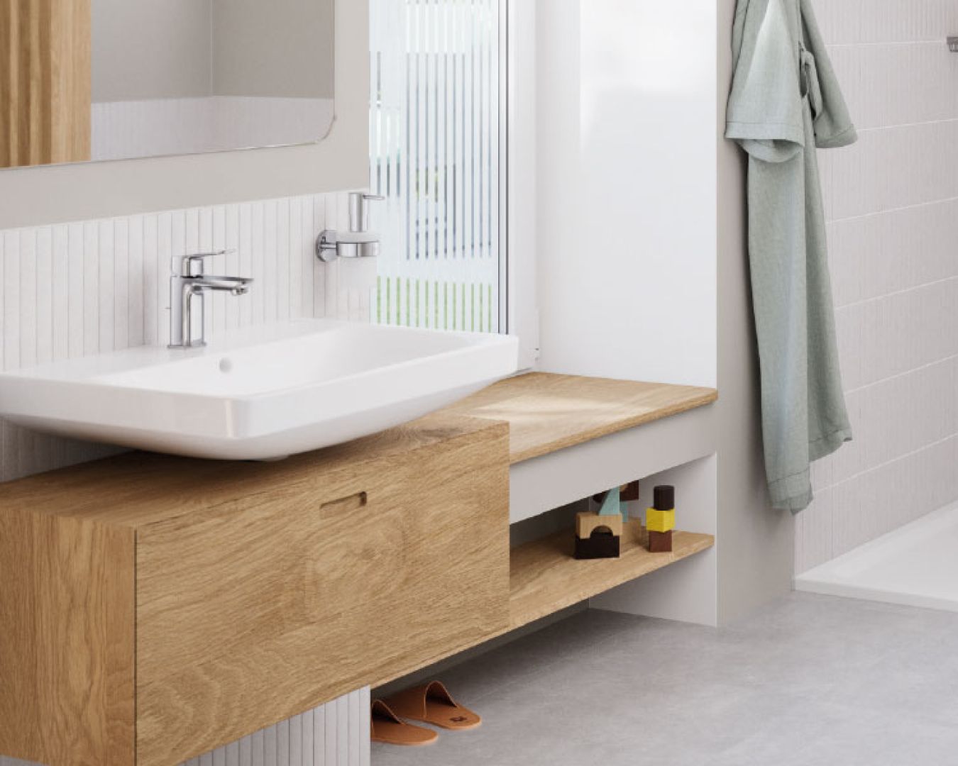Waschbecken mit Holzunterschrank und Ablage im modernen Bad

