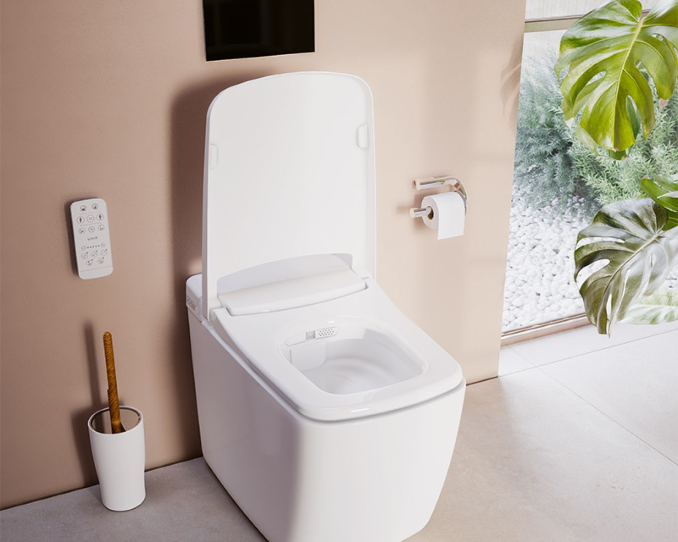 Smartes Dusch-WC mit offenem Deckel und Fernbedienung an der Wand