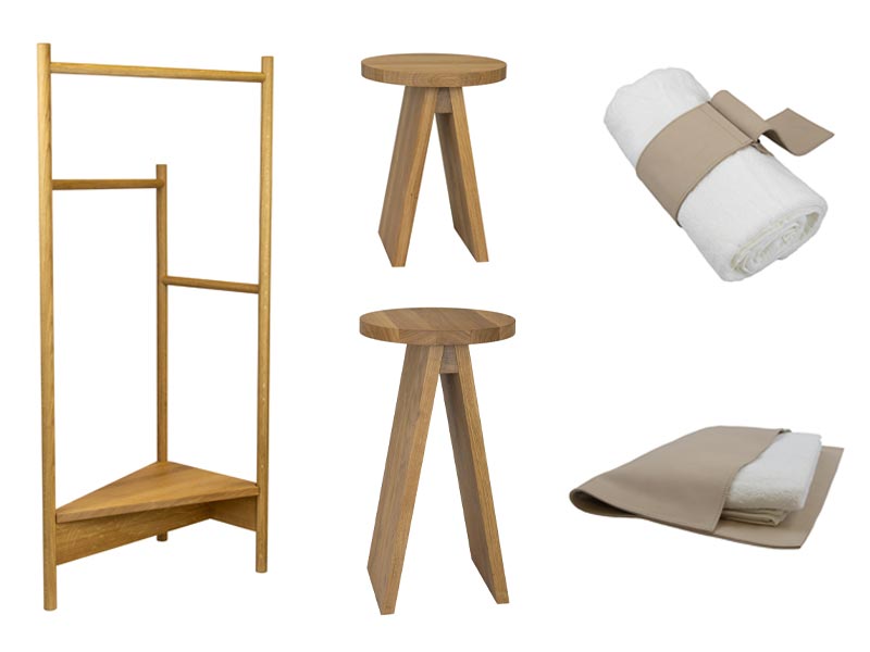 Holzmöbel-Set mit Hocker, Handtuchhalter und Bad-Accessoires