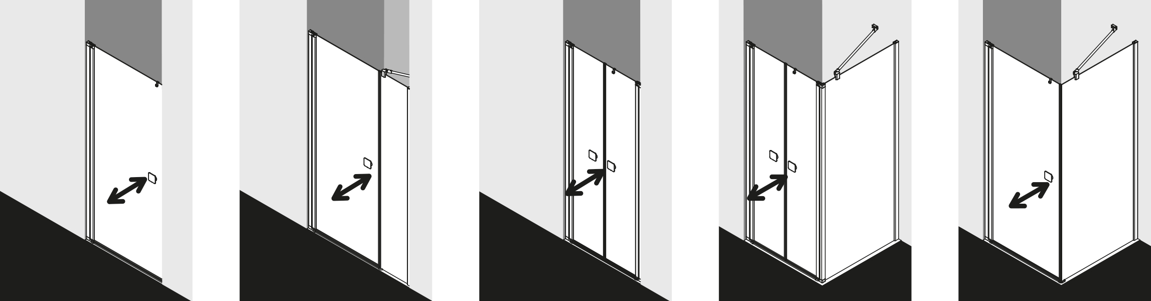 Illustration verschiedener Türsysteme für Duschkabinen in der Übersicht.