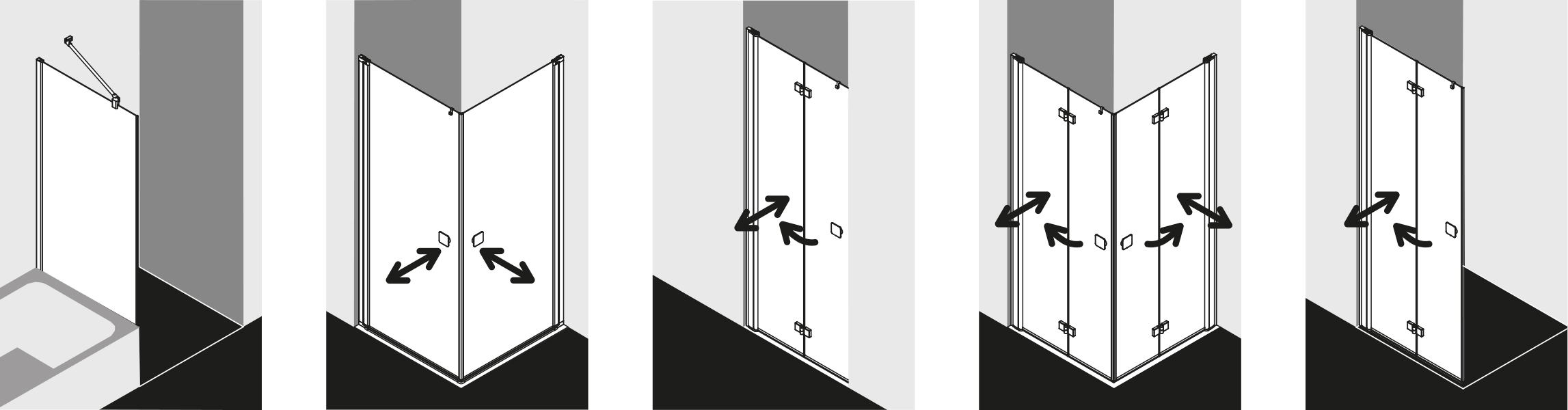 Illustration verschiedener Türsysteme für Duschkabinen in der Übersicht.