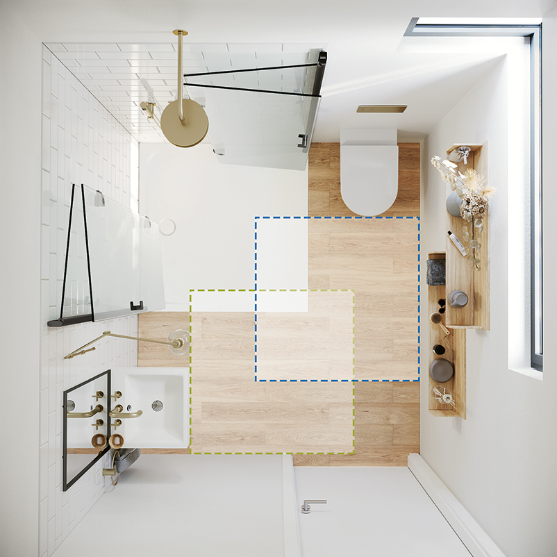 Badezimmer mit Duschkabine, Holzoptik-Boden und klarer Raumaufteilung