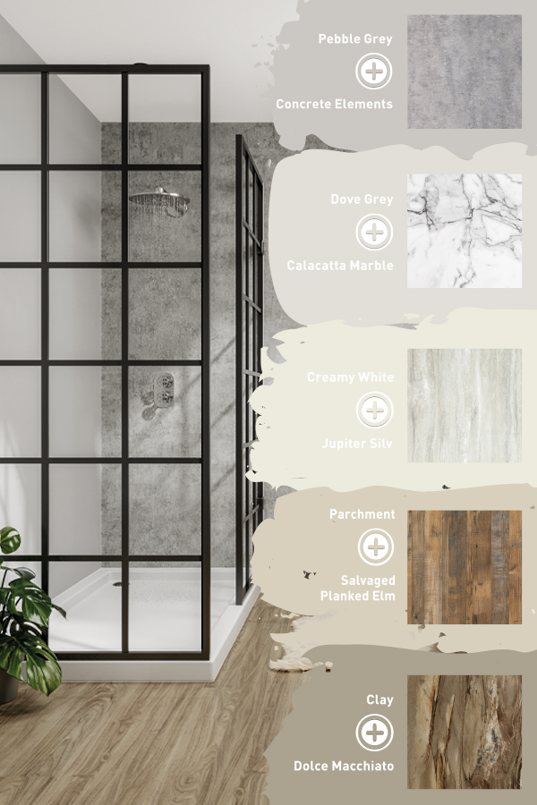 Dusche mit Glasrahmen und sechs Wand- und Bodenmaterialien zur Auswahl.