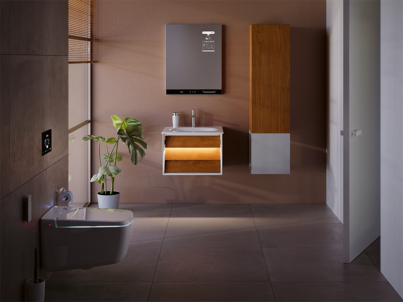 Modernes Badezimmer mit beleuchtetem Dusch-WC und Waschtisch

