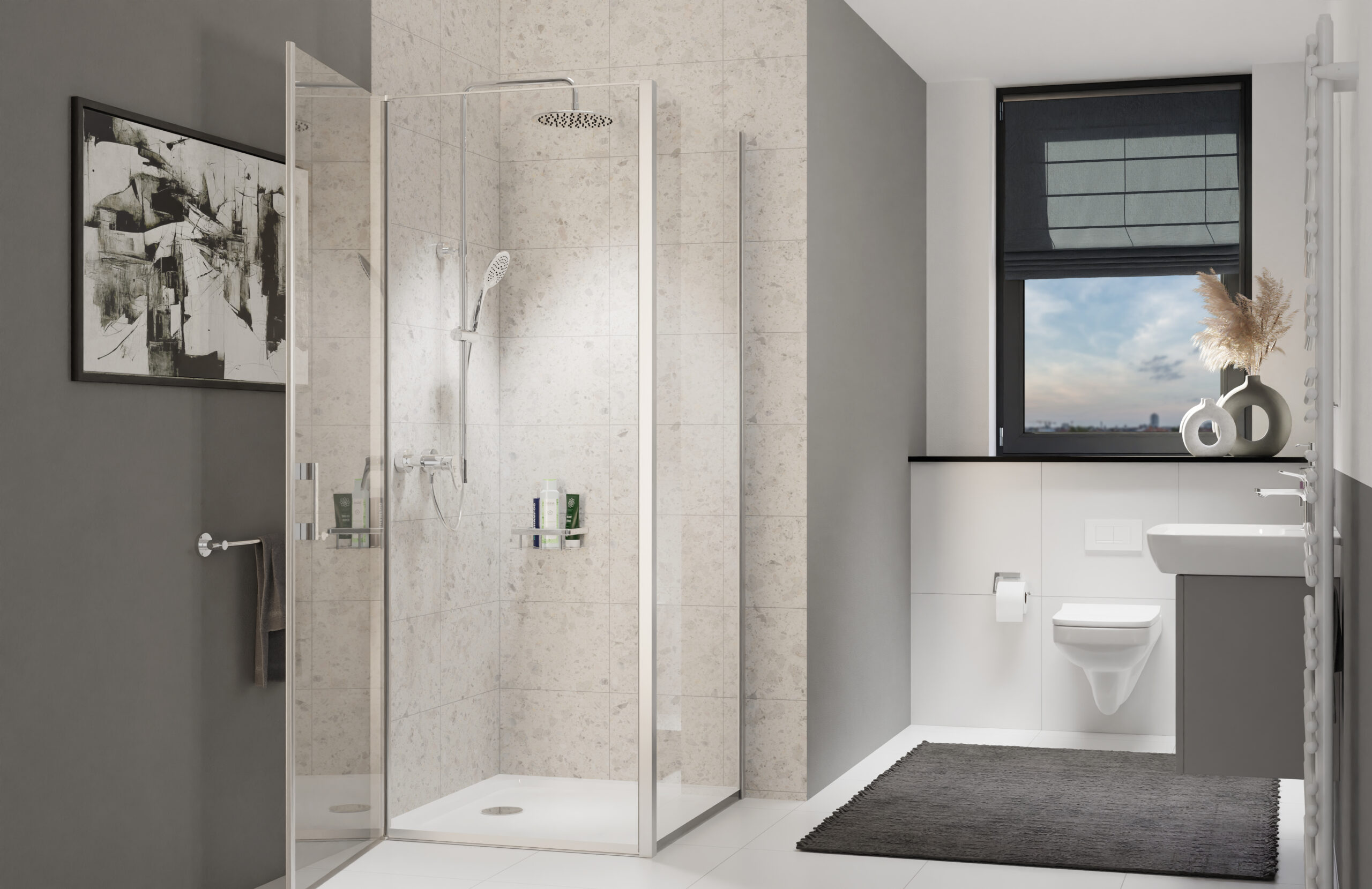 Modernes Bad mit Glasdusche, Wand-WC und Fenster mit Sichtschutz